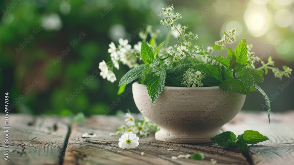 Lemon balm leaves in mortar on wooden table with fresh flowers, copy space, herbal remedy for sleep and stress, natural beauty therapy, aromatherapy concept. Lemon balm leaves in mortar on wooden table with fresh flowers, copy space, herbal remedy for sleep and stress, natural beauty therapy, aromatherapy concept.