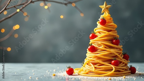 Wallpaper Mural on a gray background there is a Christmas tree made of spaghetti with cherry tomatoes Torontodigital.ca