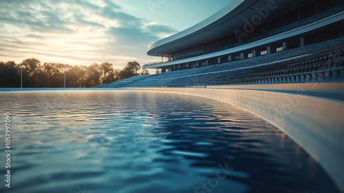 large stadium with seating overlooks a calm body of water photo