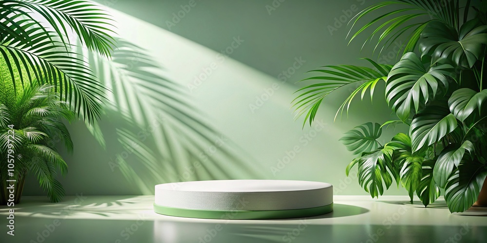 Minimalist tropical background with round podium and green plant shadows Minimalist tropical background with round podium and green plant shadows