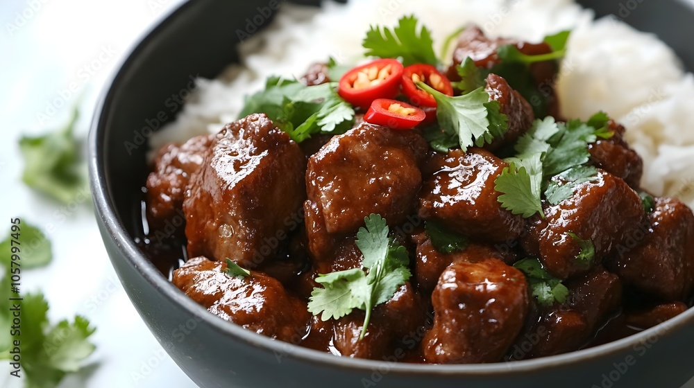 Khor Sach Chrouk (Caramelized Pork) with fresh cilantro and chili (Cambodian Cuisine) Khor Sach Chrouk (Caramelized Pork) with fresh cilantro and chili (Cambodian Cuisine)