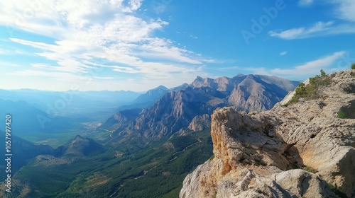 Majestic Mountain View from Rocky Summit Under Clear Blue Sky