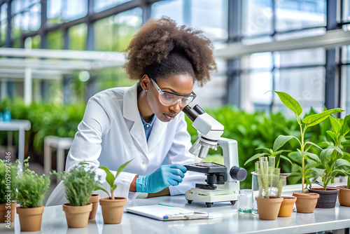 A medical bio laboratory featuring a Hispanic male researcher wearing gloves and a lab coat, carefully mixing solutions in a glass beaker. The background includes a variety of herbal plants and advanc photo