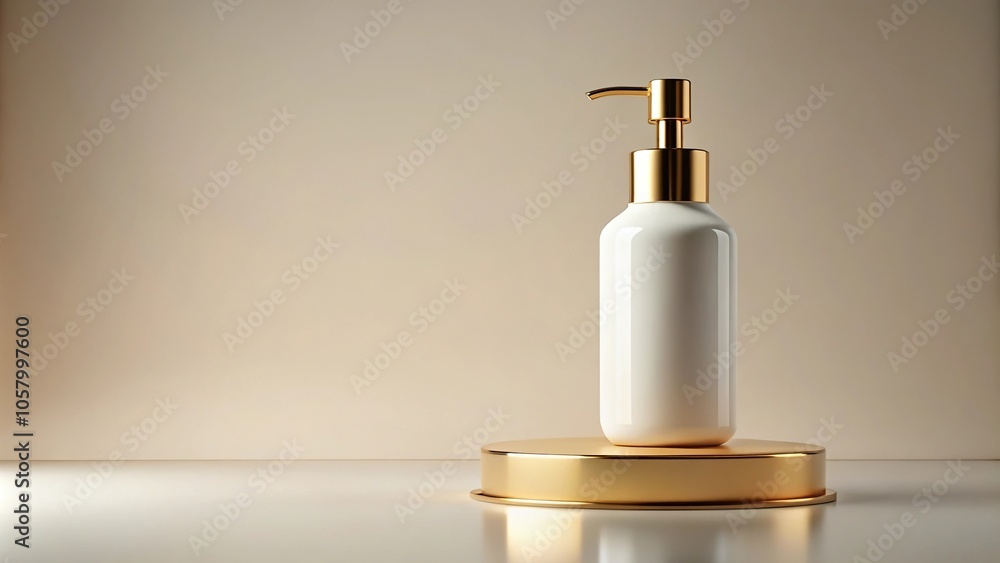 Minimalist white pump bottle on elegant gold stand exuding sophistication and luxury Minimalist white pump bottle on elegant gold stand exuding sophistication and luxury