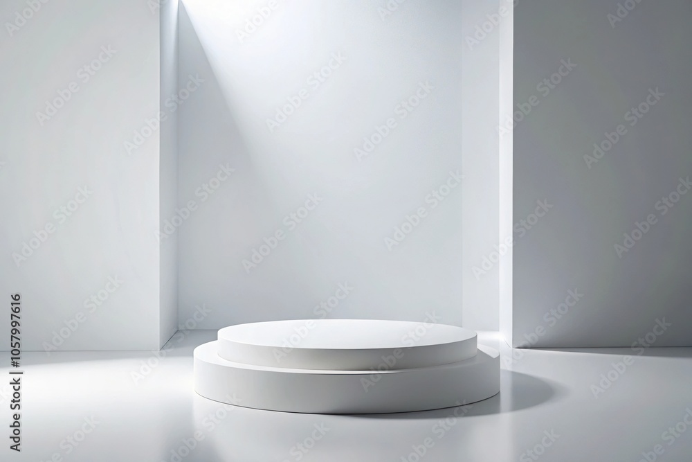 Minimalist white round platform with geometric forms Minimalist white round platform with geometric forms