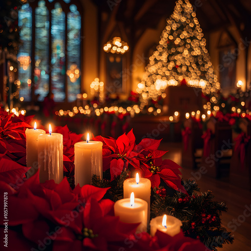 A beautifully decorated church with poinsettias, candles, and festive lights for a Christmas Eve service