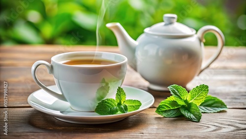 Mint tea cup with saucer and kettle in background