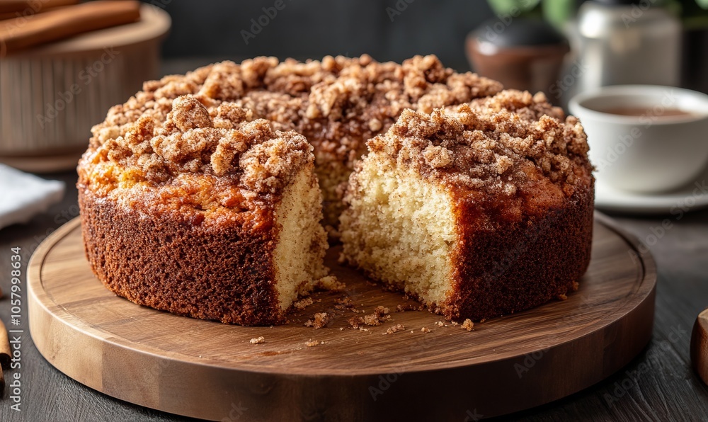 Cinnamon coffee cake topped with crumbly streusel Cinnamon coffee cake topped with crumbly streusel