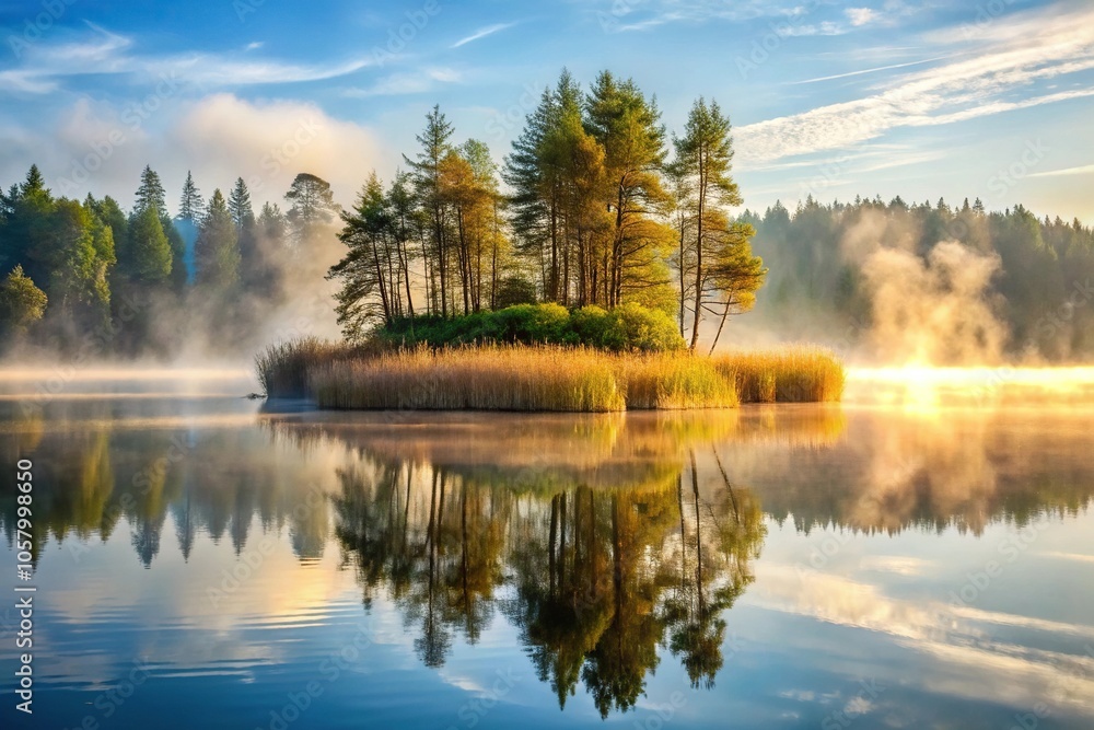 Misty lake at sunrise with silhouetted island, bulrush, and forest Misty lake at sunrise with silhouetted island, bulrush, and forest