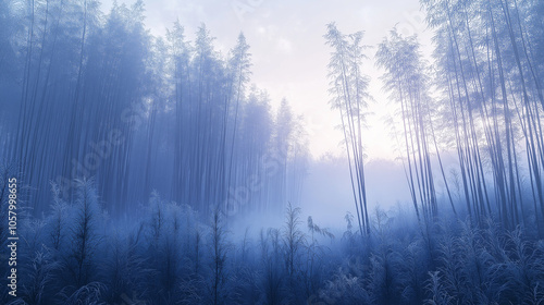 misty, cold forest scene. Tall trees stand in a light-blue haze photo