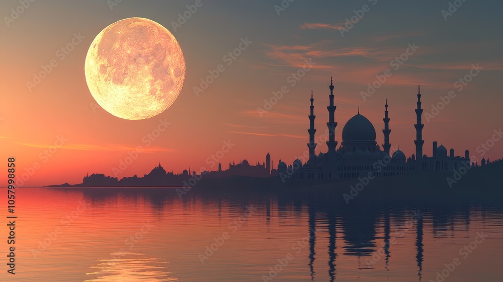 Naklejka premium Serene Moonlit Mosque Reflection Against a Colorful Sky