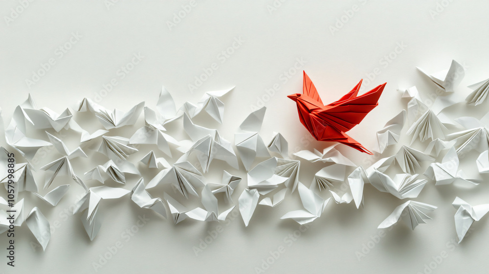 A group of origami birds in white, with one red bird standing out as the leader A group of origami birds in white, with one red bird standing out as the leader
