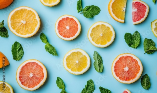 Colorful pattern of citrus fruit slices and mint leaves