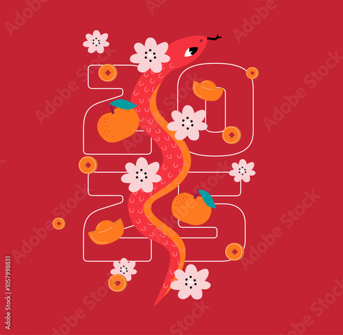 Snake Lunar New Year illustration. Chinese New Year 2025. Chinese zodiac snake on red background.