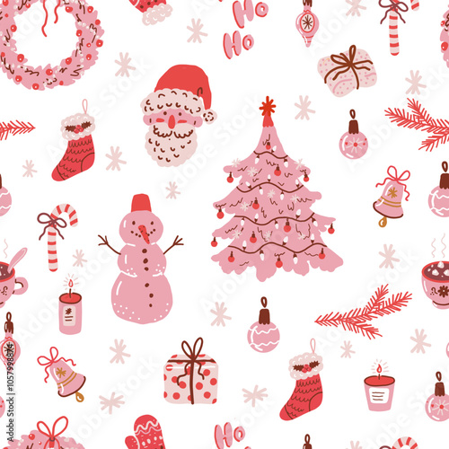 Pink Christmas seamless pattern. Vintage Christmas decoration, fir tree, Santa, ginger bread and ugly sweater on white background. Cozy winter wallpaper.