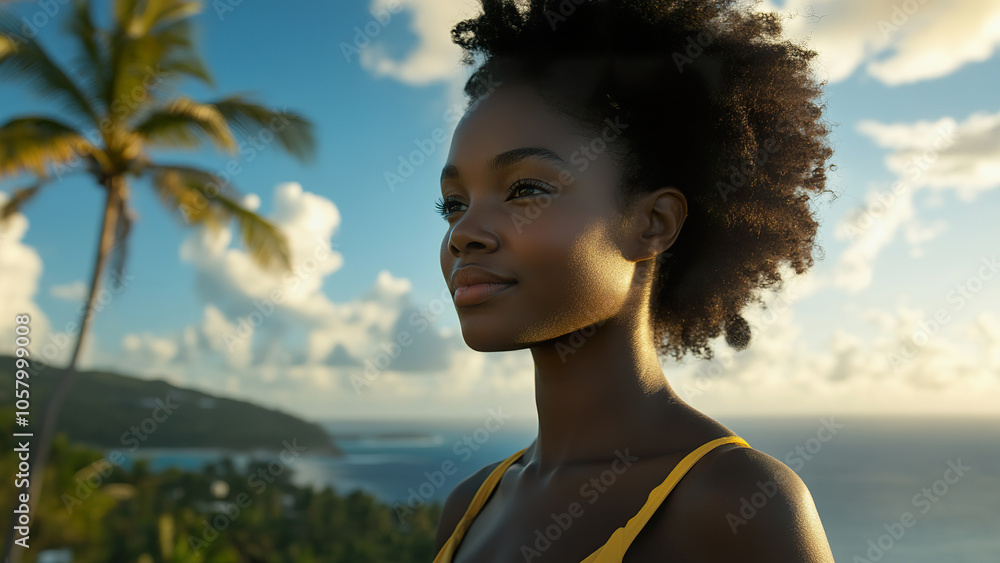 Bahamian woman enjoying the outdoors with ocean view, golden hour