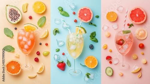 Colorful drinks surrounded by fresh fruits and herbs on a pastel background.