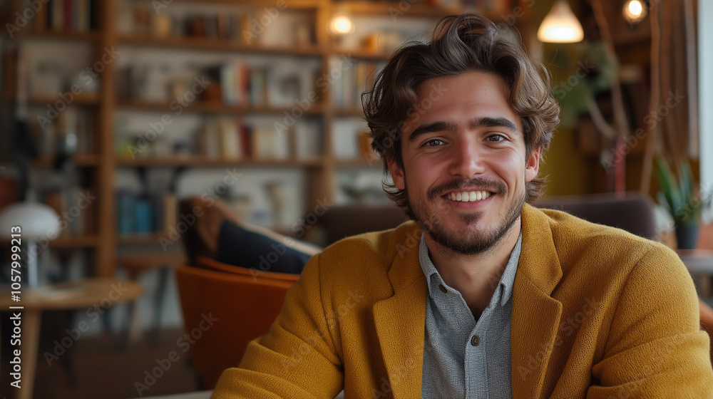 man with a warm smile, wearing a mustard-yellow jacket, sits in a cozy cafe man with a warm smile, wearing a mustard-yellow jacket, sits in a cozy cafe
