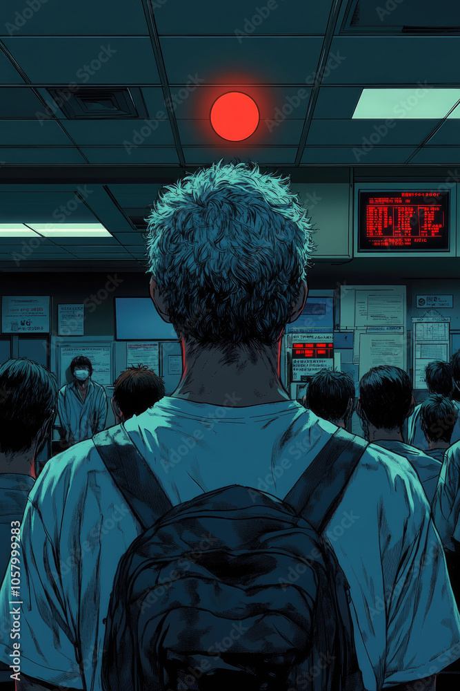 A crowd stands in a dimly lit environment, fixated on a mysterious red orb glowing above, revealing a sense of unease and anticipation A crowd stands in a dimly lit environment, fixated on a mysterious red orb glowing above, revealing a sense of unease and anticipation