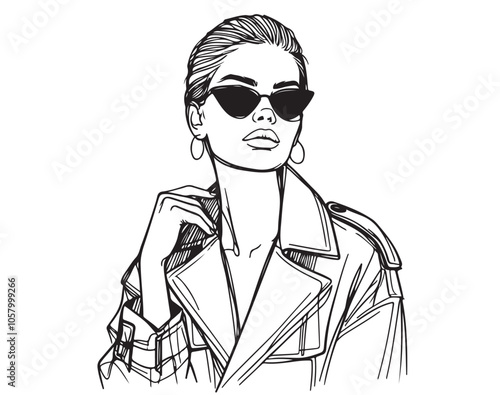 Fashion girl in vide jacket and slicked back hair, line sketch
