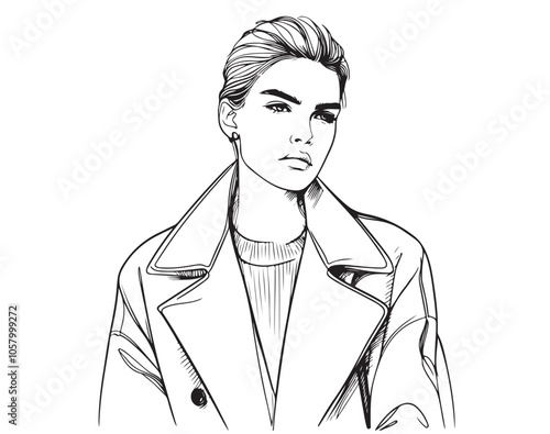 Sad girl in vide jacket and slicked back hair, line sketch