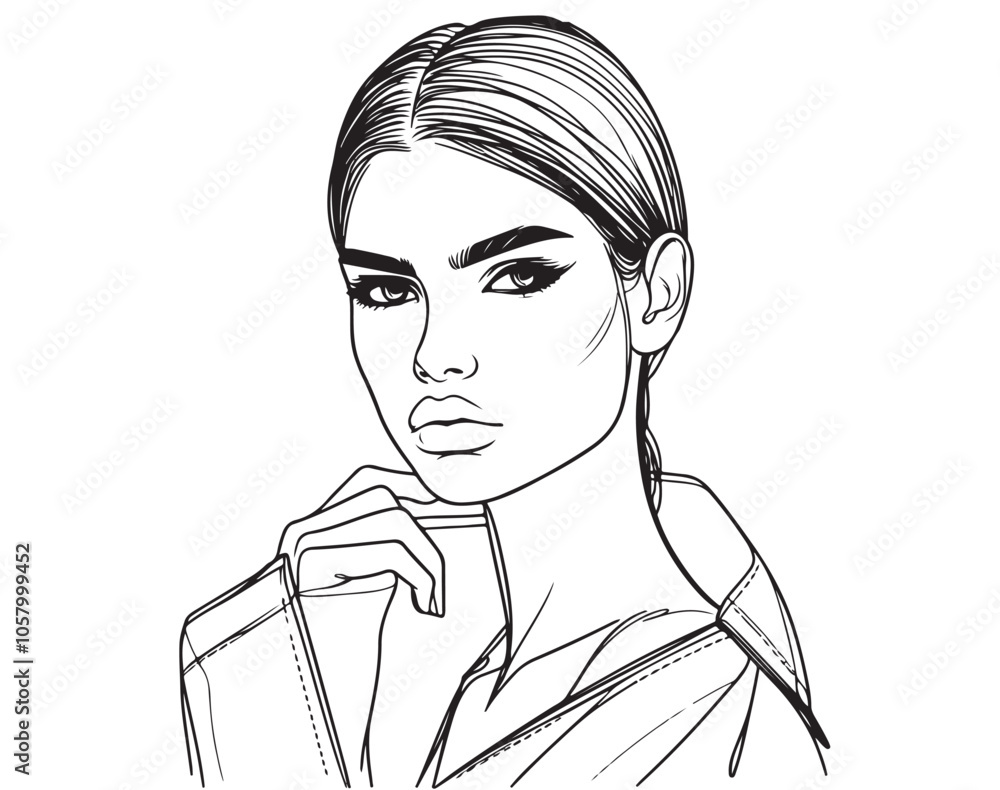 Fashion girl in jacket and slicked back hair, line sketch Fashion girl in jacket and slicked back hair, line sketch