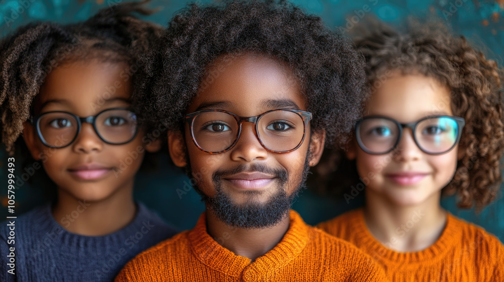 Three cheerful children with curly hair and glasses smile brightly together, showcasing their colorful sweaters against a vibrant backdrop Three cheerful children with curly hair and glasses smile brightly together, showcasing their colorful sweaters against a vibrant backdrop