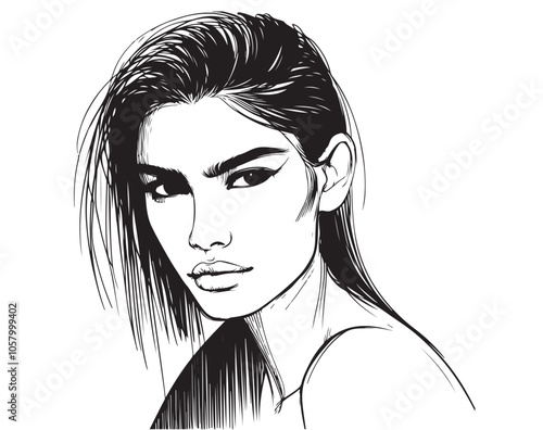 Serious girl in jacket and slicked back black hair, line sketch