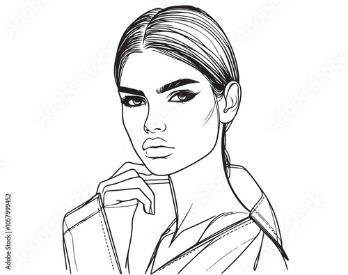Fashion girl in jacket and slicked back hair, line sketch