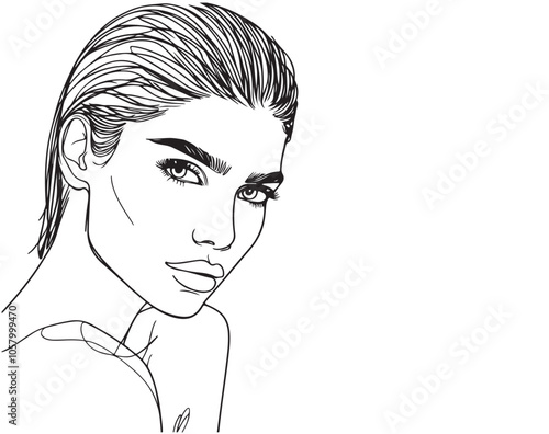 Beautiful young woman face black and white vector drawing sketch