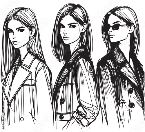 Female clothes collection. Fashion models sketch in coat