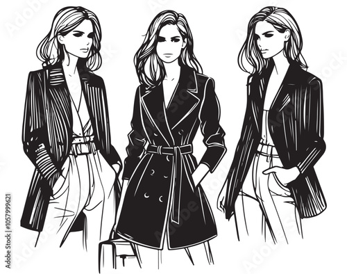 Female clothes collection. Fashion models sketch in coat