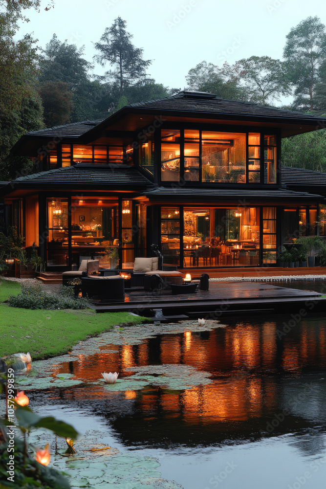 A modern house with expansive glass windows reflects warm lights by a peaceful pond, surrounded by greenery in the evening calm A modern house with expansive glass windows reflects warm lights by a peaceful pond, surrounded by greenery in the evening calm