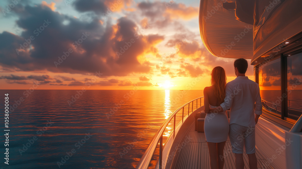 Fototapeta premium couple stands on a yacht deck, watching a beautiful sunset over the ocean
