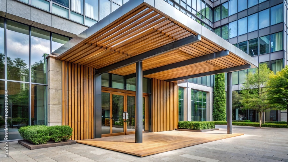 Modern building entrance with wooden canopy reflected in glass facade Modern building entrance with wooden canopy reflected in glass facade