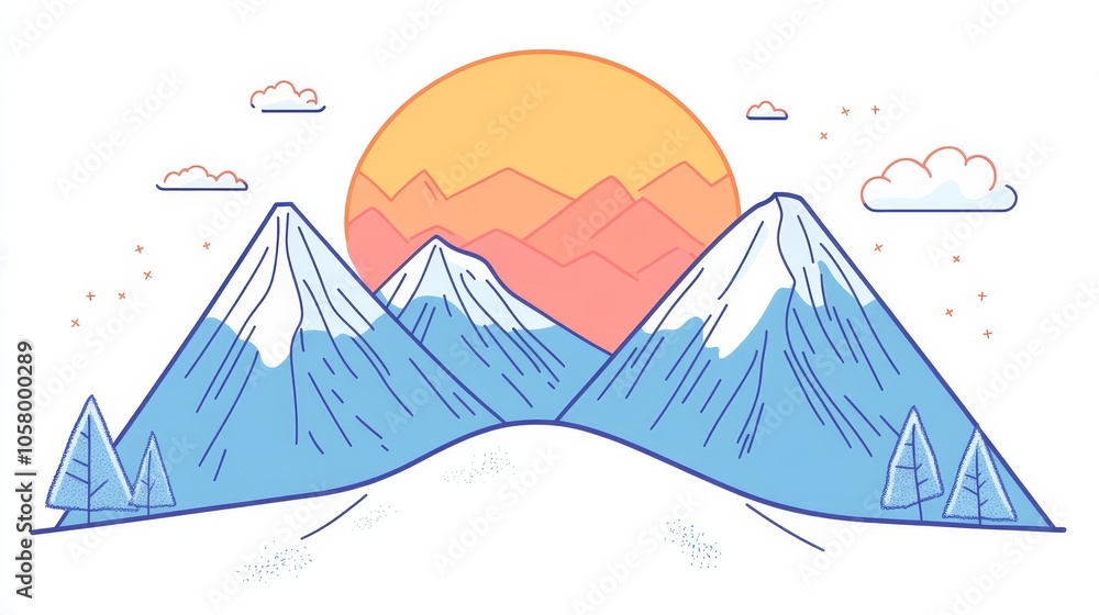Stylized Mountain Landscape with Sun and Clouds Stylized Mountain Landscape with Sun and Clouds