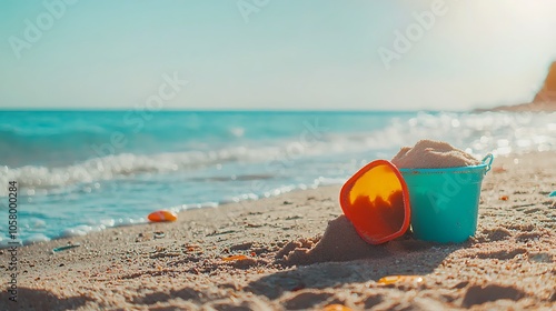 Colorful beach bucket and shovel overflowing with sand on a sunny shore. photo