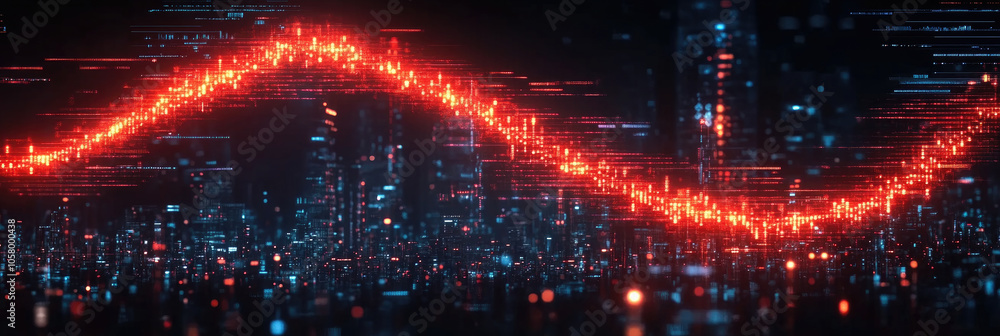 Obraz premium A glowing red waveform moves through a dark, futuristic city landscape filled with colorful lights and digital data elements at night
