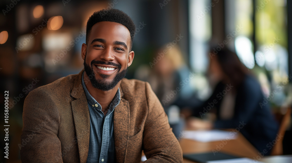 man with a happy expression, wearing a brown jacket and light-colored shirt, seated in a cafe man with a happy expression, wearing a brown jacket and light-colored shirt, seated in a cafe