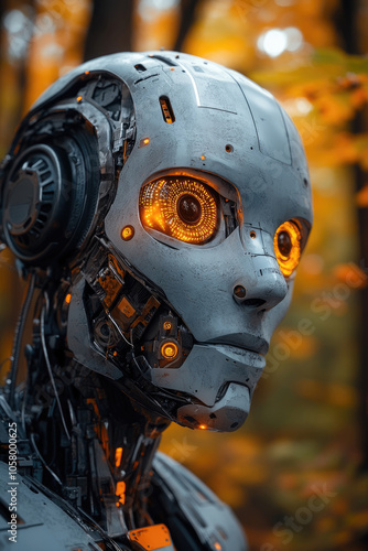 A detailed robotic figure features bright, illuminated eyes while set against a backdrop of vibrant autumn foliage in soft evening light