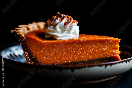 pumpkin pie slice garnished with whipped cream and a dash of cinnamon, presented on a plate