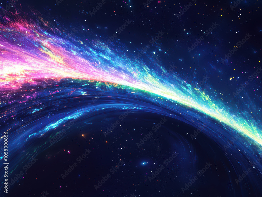 Obraz premium Sweeping arc of cosmic colours in a galaxy-like scene, with vibrant blues, purples, and pinks illuminating the dark sky in a captivating starry view.
