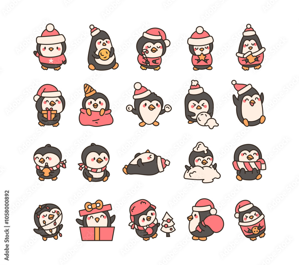 Christmas penguin characters bundle for winter holiday festive cute animal illustrations and seasonal decorations Christmas penguin characters bundle for winter holiday festive cute animal illustrations and seasonal decorations