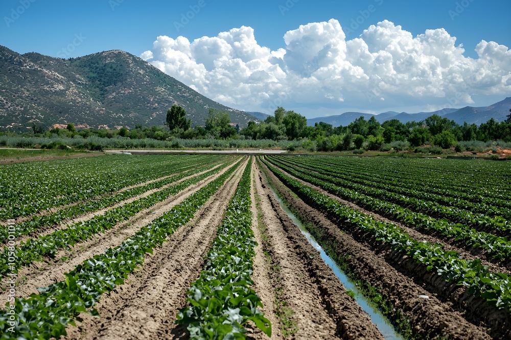 Lush green vegetable fields under a clear blue sky in summer Lush green vegetable fields under a clear blue sky in summer