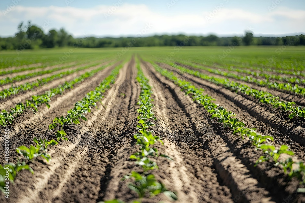Lush green crops growing in a well-maintained agricultural field Lush green crops growing in a well-maintained agricultural field