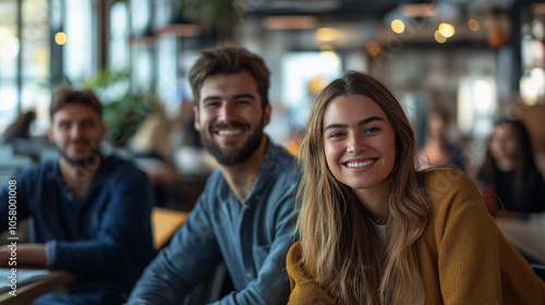 Three people, two men and one woman, smiling at the camera in a cafe