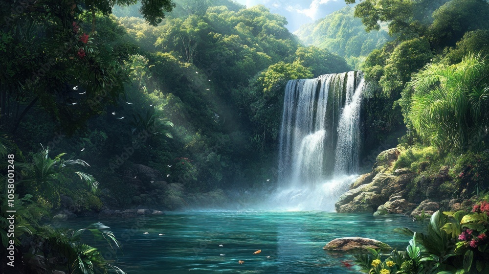 Serene Waterfall in a Lush Tropical Paradise Serene Waterfall in a Lush Tropical Paradise