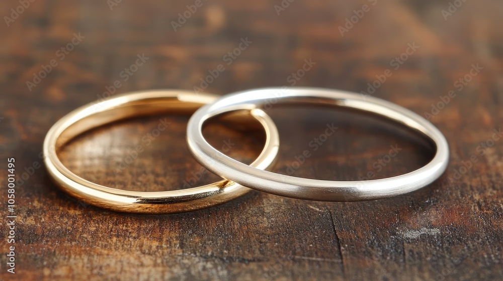 Elegant Gold and Silver Wedding Bands on Wooden Surface Elegant Gold and Silver Wedding Bands on Wooden Surface
