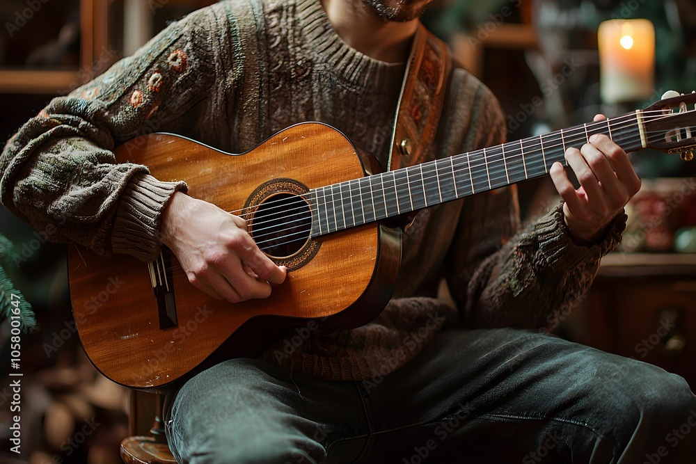 Fototapeta premium Person playing acoustic guitar indoors in a cozy setting at dusk