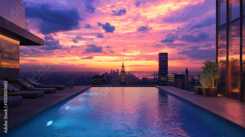 rooftop pool overlooking a city skyline at sunset photo